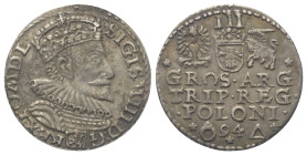 Polen. Königreich. Sigismund III. Wasa (1587 - 1632).

 Dreigröscher (Silber). 1594. Marienburg (Malbork).
Vs: Gekrönter Kopf mit Harnisch- und Müh...