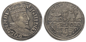 Polen. Königreich. Sigismund III. Wasa (1587 - 1632).

 Dreigröscher (Silber). 1595. Ilkenau (Olkusz).
Vs: Gekrönter Kopf mit Harnisch- und Mühlste...