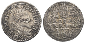 Polen. Königreich. Sigismund III. Wasa (1587 - 1632).

 Dreigröscher (Silber). 1597. Bromberg (Bydgoszcz).
Vs: Gekrönter Kopf mit Harnisch- und Müh...