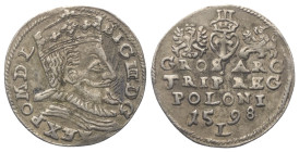 Polen. Königreich. Sigismund III. Wasa (1587 - 1632).

 Dreigröscher (Silber). 1598. Lubin.
Vs: Gekrönter Kopf mit Harnisch- und Mühlsteinkragen re...