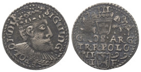 Polen. Königreich. Sigismund III. Wasa (1587 - 1632).

 Dreigröscher (Silber). 1599. Ilkenau (Olkusz).
Vs: Gekrönter Kopf mit Harnisch- und Mühlste...