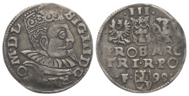 Polen. Königreich. Sigismund III. Wasa (1587 - 1632).

 Dreigröscher (Silber). 1599. Fraustadt (Wschawa).
Vs: Gekrönter Kopf mit Harnisch- und Mühl...