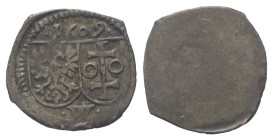 Polen. Königreich. Sigismund III. Wasa (1587 - 1632).

 Denar (Silber). 1609. Fraustadt (Wschowa).
Vs: Stadtwappen und Jahreszahl.

13 mm. 0,31 g...