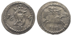 Polen. Königreich. Sigismund III. Wasa (1587 - 1632).

 2 Denar (Silber). 1614. Vilnius (Wilno).
Vs: Bekröntes Monogramm zwischen Jahreszahlen; dar...