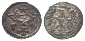 Polen. Litauen. Sigismund II. August (1545 - 1572).

 Denar (Silber). 1557. Danzig (Gdansk).
Vs: Stadtwappen und verkürzte Jahreszahl.
Rs: Polnisc...