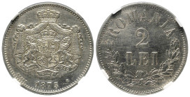 Rumänien. Karl I. als Fürst (1866 - 1881).

 2 Lei. 1875.
Vs: Bekröntes Wappen, von zwei Löwen links und rechts gehalten, darüber drapierte Krone....