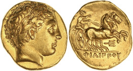 GRÈCE ANTIQUE
Macédoine (royaume de), Philippe II (359-336 av. J.-C.). Statère d’or ND (323-315 av. J.-C.), Amphipolis ou Pella. Le Rider 492 - SNG AN...