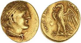 GRÈCE ANTIQUE
Royaume lagide, Ptolémée Ier (305-285 av J-C). Tetarte d’Or (1/10e de trichryson ou 6 oboles) ND (après 294 av. J.-C.), Alexandrie. CPE ...