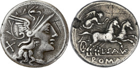 RÉPUBLIQUE ROMAINE
L. Saufeius. Denier 152 av. J.-C., Rome. RRC.204/1 ; Argent - 3,49 g - 18,5 mm - 6 h
Avec une ancienne étiquette de collection. Gra...