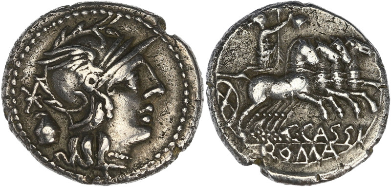 RÉPUBLIQUE ROMAINE
Caius Cassius. Denier 126 av. J.-C., Rome. RRC.266/1 ; Argent...