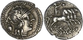RÉPUBLIQUE ROMAINE
Caius Cassius. Denier 126 av. J.-C., Rome. RRC.266/1 ; Argent - 3,75 g - 18 mm - 3 h
Avec une ancienne étiquette de collection. Bel...