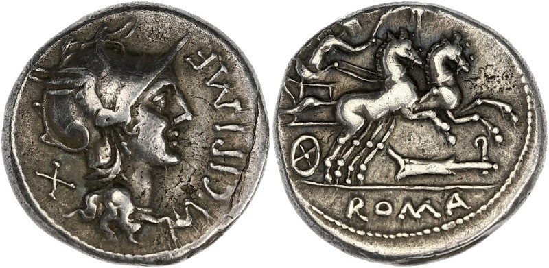 RÉPUBLIQUE ROMAINE
Marcus Cipius. Denier 115 av. J.-C., Rome. RRC.289/1 ; Argent...