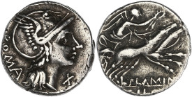 RÉPUBLIQUE ROMAINE
L. Flaminius Chilo. Denier 109 av. J.-C., Rome. RRC.302/1 ; Argent - 3,90 g - 19 mm - 6 h
Avec une ancienne étiquette de collection...