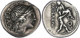 RÉPUBLIQUE ROMAINE
Herennia, Marcus Herennius. Denier 107 av. J.-C., Rome. RRC.308/1b ; Argent - 3,91 g - 17,5 mm - 11 h
Avec une ancienne étiquette d...
