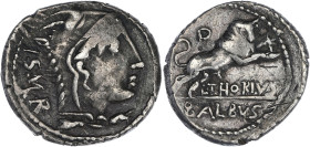 RÉPUBLIQUE ROMAINE
Thoria, Lucius Thorius Balbus. Denier 105 av. J.-C., Rome. RRC.316/1 ; Argent - 3,98 g - 20 mm - 7 h
TTB.