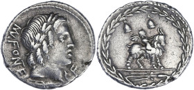 RÉPUBLIQUE ROMAINE
Fonteia, Manius Fonteius. Denier 85 av. J.-C., Rome. RRC.353/1a ; Argent - 3,6 g - 19 mm - 7 h
Avec une ancienne étiquette de colle...