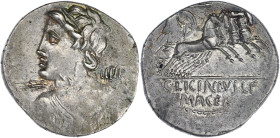RÉPUBLIQUE ROMAINE
Licinia, Lucius Licinius Macer. Semuncia 84 av. J.-C., Rome. RRC.354/1 ; Argent - 3,90 g - 20,5 mm - 12 h
Beau TTB.