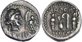 RÉPUBLIQUE ROMAINE
Lucius Sulla. Denier 84 av. J.-C., Rome. RRC.359/2 ; Argent - 4,23 g - 18,5 mm - 12 h
De poids lourd. Belle patine. TTB.