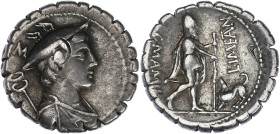 RÉPUBLIQUE ROMAINE
C. Mamilius Limetanus. Denier serratus 82 av. J.-C., Rome. RRC.362/1 ; Argent - 3,97 g - 18 mm - 6 h
Contremarque au droit. TTB à S...