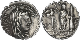 RÉPUBLIQUE ROMAINE
A. Postumius A.f. S.n. Albinus. Denier serratus 81 av. J.-C., Rome. RRC.372/2 ; Argent - 3,69 g - 19 mm - 2 h
Avec une ancienne éti...
