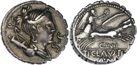 RÉPUBLIQUE ROMAINE
Ti. Claudius Ti.f. Ap.n. Nero. Denier serratus 79 av. J.-C., Rome. RRC.383/1 ; Argent - 3,75 g - 18 mm - 6 h
Coin CLVII au revers. ...
