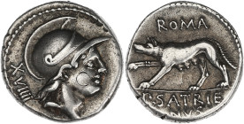 RÉPUBLIQUE ROMAINE
P. Satrienus. Denier 77 av. J.-C., Rome. RRC.388/1b ; Argent - 3,92 g - 17,5 mm - 7 h
Avec une ancienne étiquette de collection. Co...