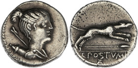 RÉPUBLIQUE ROMAINE
C. Postumius. Denier 74 av. J.-C., Rome. RRC.394/1a ; Argent - 3,64 g - 17,5 mm - 5 h
Avec une ancienne étiquette de collection. TT...