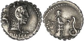 RÉPUBLIQUE ROMAINE
L. Roscius Fabatus. Denier serratus 64 av. J.-C., Rome. RRC.412/1 ; Argent - 3,87 g - 17 mm - 5 h
Avec une ancienne étiquette de co...