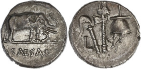 RÉPUBLIQUE ROMAINE
Jules César (60-44 av. J.-C.). Denier 49 av. J.-C., Rome. RRC.443/1 ; Argent - 3,69 g - 17 mm - 2 h
Patine grise. TTB à Superbe.