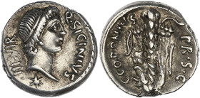 RÉPUBLIQUE ROMAINE
Sicinia, Quintus Sicinius et C. Coponius. Denier 49 av. J.-C., atelier itinérant. RRC.444/1a ; Argent - 3,95 g - 17 mm - 3 h
Avec u...