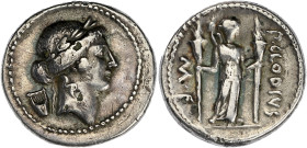 RÉPUBLIQUE ROMAINE
Claudia, Publius Claudius Turrinus. Denier 42 av. J.-C., Rome. RRC.494/23 ; Argent - 3,11 g - 18 mm - 1 h
Avec une ancienne étiquet...