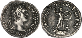 EMPIRE ROMAIN
Domitien (81-96). Denier 92, Rome. RIC.167a ; Argent - 3,25 g - 18 mm - 6 h
Avec une ancienne étiquette de collection. TTB.