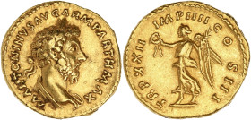 EMPIRE ROMAIN
Marc Aurèle (161-180). Aureus 166-167, Rome. Calicó 1995 - RIC.174 ; Or - 7,21 g - 19 mm - 5 h
Agréable exemplaire. Légère marque devant...