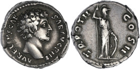 EMPIRE ROMAIN
Marc Aurèle (161-180). Denier 148, Rome. RIC.438a ; Argent - 3,03 g - 18 mm - 6 h
Avec une ancienne étiquette de collection. TTB.
