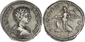 EMPIRE ROMAIN
Geta (198-212). Denier 200-202, Laodicée ad Mare. RIC.101 ; Argent - 3,22 g - 18 mm - 12 h
Avec une ancienne étiquette de collection. TT...