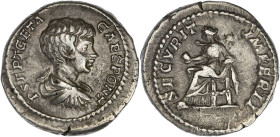EMPIRE ROMAIN
Geta (198-212). Denier 200-202, Rome. RIC.20a ; Argent - 3,36 g - 19 mm - 6 h
Avec une ancienne étiquette de collection. TTB.