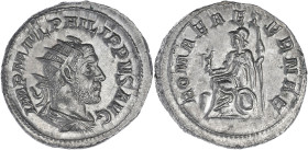 EMPIRE ROMAIN
Philippe Ier (244-249). Antoninien 247, Rome. C.170 - RIC.45 ; Billon - 3,77 g - 22 mm - 12 h
Superbe.