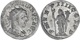 EMPIRE ROMAIN
Philippe Ier (244-249). Antoninien 247, Antioche. C.130 - RIC.75a ; Billon - 4,14 g - 21 mm - 6 h
Superbe.