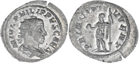 EMPIRE ROMAIN
Philippe II (247-249). Antoninien 246, Rome. C.57 - RIC.219 ; Billon - 3,83 g - 22,5 mm - 6 h
Superbe.