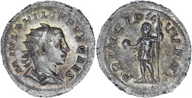 EMPIRE ROMAIN
Philippe II (247-249). Antoninien 246, Rome. C.57 - RIC.219d ; Billon - 4,37 g - 24 mm - 6 h
Superbe.