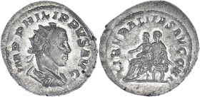 EMPIRE ROMAIN
Philippe II (247-249). Antoninien 249, Rome. C.17 - RIC.230 ; Billon - 4,18 g - 24,5 mm - 11 h
Superbe.