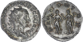 EMPIRE ROMAIN
Trajan Dèce (249-251). Antoninien 250, Rome. C.86 - RIC.21b ; Argent - 3,73 g - 22 mm - 1 h
Superbe.