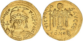 EMPIRE BYZANTIN
Maurice Tibère (582-602). Solidus ND (583-601), Constantinople. S.478 - R.998 ; Or - 4,41 g - 21 mm - 6 h
Superbe.