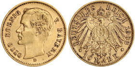 ALLEMAGNE
Bavière, Otto (1886-1913). 10 mark 1903, D, Munich. Fr.3771 ; Or - 3,96 g - 19,5 mm - 12 h
TTB.