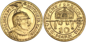 ALLEMAGNE
Prusse, Guillaume II (1888-1918). Essai de 10 mark en bronze doré, par Karl Goetz 1913, Munich. Schaaf 253aG2 ; Bronze doré - 3,18 g - 20 mm...