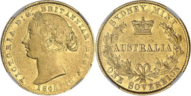 AUSTRALIE
Victoria (1837-1901). Souverain 1865, Sydney. Fr.10 ; Or - 7,98 g - 22 mm - 6 h
NGC AU 53 (6630751-028). TTB à Superbe.