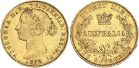 AUSTRALIE
Victoria (1837-1901). Souverain 1868, Sydney. Fr.10 ; Or - 7,96 g - 22 mm - 6 h
Presque Superbe.