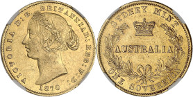 AUSTRALIE
Victoria (1837-1901). Souverain 1870, Sydney. Fr.10 ; Or - 7,98 g - 22 mm - 6 h
NGC AU 58 (6630751-029). Superbe.