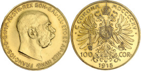AUTRICHE
François-Joseph Ier (1848-1916). 100 corona 1915. Fr.507R ; Or - 33,87 g - 37,5 mm - 12 h
PCGS MS66 (41785617). Fleur de coin.