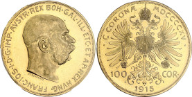 AUTRICHE
François-Joseph Ier (1848-1916). 100 corona 1915. Fr.507R ; Or - 33,87 g - 37,5 mm - 12 h
PCGS MS64 (45533371). Presque Fleur de coin.